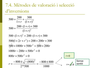 7.4. Mètodes de valoració i selecció d’inversions r=0 r=-1.6 Sense sentit 