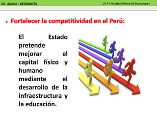 El Estado
pretende
mejorar el
capital físico y
humano
mediante el
desarrollo de la
infraestructura y
la educación.
VII- Unidad : GEOGRAFÍA I.E.P «Nuestra Señora de Guadalupe»
 