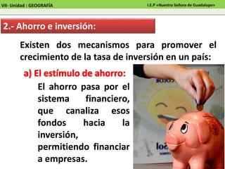 Existen dos mecanismos para promover el
crecimiento de la tasa de inversión en un país:
2.- Ahorro e inversión:
El ahorro pasa por el
sistema financiero,
que canaliza esos
fondos hacia la
inversión,
permitiendo financiar
a empresas.
VII- Unidad : GEOGRAFÍA I.E.P «Nuestra Señora de Guadalupe»
 