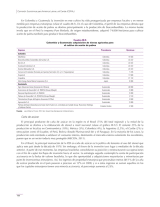 Comisión Económica para América Latina y el Caribe (CEPAL)
106
En Colombia y Guatemala la inversión en este cultivo ha sido protagonizada por empresas locales y en menor
medida por empresas extranjeras (véase el cuadro III.5). En el caso de Colombia, el perfil de las empresas denota que
la producción de aceite de palma se destina principalmente a la producción de biocombustibles. La misma fuente
revela que en el Perú la empresa Pure Biofuels, de origen estadounidense, adquirió 74.000 hectáreas para cultivar
aceite de palma también para producir biocombustibles.
Cuadro III.5
Colombia y Guatemala: adquisición de tierras agrícolas para
el cultivo de aceite de palma
Empresa Procedencia Hectáreas
Colombia
Oleoflores Colombia 15 555
Biocombustibles Sostenibles del Caribe S.A. Colombia 22 222
Bio D.S.A. Colombia 22 222
Ecodiesel Colombia S.A. Colombia 22 222
Aceites Manuelita S.A. Colombia 22 222
Consorcio El Labrador (formado por Aportes San Isidro S.A. y C.I. Tequendama) Colombia 1 235
Ecopetrol Colombia 17 000
Urapalma Colombia 21 142
Odin Energy Santa Marta Corporation S.A. Japón 8 000
Guatemala
Agro Industrias Hame (Corporación Olmeca) Guatemala 40 000
Inversiones de Desarrollo S.A. INDESA (Grupo Maegli) Guatemala 5 688
Nacional AgroIndustrial S.A. (NAISA) Guatemala 5 000
Palmas de Desarrollo S.A. (PADESA) (Grupo Maegli) Guatemala 2 518
Tikindustrias (Grupo del Ingenio Azucarero El Pilar) Guatemala 4 600
Agrocaribe S.A. Guatemala 5 000
Palmas del Ixcán (Subsidiaria de Green Earth Fuels LLC, controlada por Carlyle Group, Riverstone Holdings
y Goldman Sachs)
Estados Unidos 2 500
Fuente: Land Matrix Portal, 2012 [en línea] http://landportal.info/landmatrix.
Caña de azúcar
El principal productor de caña de azúcar en la región es el Brasil (75% del total regional) y la mitad de la
producción se destina a la elaboración de etanol a nivel nacional (véase el gráfico III.12). El restante 25% de la
producción se localiza en Centroamérica (10%), México (5%), Colombia (4%), la Argentina (2,5%), el Caribe (2%) y
otros países como el Ecuador, el Perú, Bolivia (Estado Plurinacional de) y el Paraguay. En la mayoría de los casos, la
producción está orientada a satisfacer el consumo interno, destinando al mercado externo solamente los excedentes,
puesto que es un sector todavía muy protegido (MECON, 2011).
En el Brasil, la principal motivación de la IED en caña de azúcar es la política de fomento al uso del etanol que
aplica este país desde la década de 1970. Sin embargo, el boom de la inversión tuvo lugar a mediados de la década
anterior. A partir de ese momento, las empresas brasileñas consolidaron su posición y reestructuraron sus operaciones
con el fin de captar los flujos de inversión hacia el sector. La estrategia seguida contempló la venta de participación
accionaria en la bolsa de valores brasileña, lo que dio oportunidad a adquisiciones mayoritarias y minoritarias por
parte de inversionistas extranjeros. Así, los ingenios de propiedad extranjera que procesaban menos del 1% de la caña
de azúcar producida en el país pasaron a procesar un 12% en 2008; y si a estos ingenios se suman aquellos en los
que los capitales extranjeros tienen una minoría accionaria, el porcentaje aumenta al 23%.
 