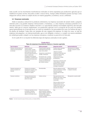 La Inversión Extranjera Directa en América Latina y el Caribe • 2012
129
tanto sucede con los movimientos transfronterizos realizados en forma espontánea por productores agrícolas que se
establecen en países vecinos, buscando acceder a nuevas tierras. Aunque ambos fenómenos poseen una baja o nula
integración vertical, tienen un amplio alcance en materia geopolítica, económica, social y ambiental.
iv) Empresas nacionales
Dada la naturaleza cultural de los productos alimentarios, las empresas nacionales de tamaño medio y pequeño
subsisten junto a las grandes empresas internacionales y translatinas, y a otras empresas extranjeras presentes en el
mercado nacional. Su existencia obedece más bien a su capacidad de satisfacer necesidades específicas del mercado
interno, dado que lo conocen ampliamente. Los productores agrícolas (con la excepción de los pools de siembra)
operan generalmente en el mercado local, así como los mataderos o las procesadoras de carne, los molinos de trigo o
las plantas de biodiésel. Todos ellos son ejemplos de esta categoría de empresas. En todos los casos, se trata de
empresas más pequeñas y no internacionalizadas, que se ven obligadas a innovar y a cumplir con nuevos estándares
de calidad para poder competir con las empresas extranjeras y mantener su posición en el mercado.
En el cuadro III.12 se resumen los diferentes tipos de empresas analizadas en este capítulo.
Cuadro III.12
Tipos de empresas de productos básicos e insumos agrícolas
Tipo de empresa Definición Rubros principales Integración vertical Internacionalización
Empresas transnacionales con
ventajas de posicionamiento
de mercado
Grandes empresas
multinacionales, con larga
trayectoria en la industria, lo
que les permite influir en la
estructura organizacional de su
sector e incidir en las
estrategias de las empresas
competidoras; se benefician de
una posición dominante dentro
de la cadena
Productos básicos agrícolas,
especialmente granos (trigo,
soja y otros) y etanol
Agroquímicos, especialmente
semillas y fertilizantes
(En el primer caso, su ventaja
está dada por las capacidades
de I+D; en el segundo, por la
posesión de yacimientos de
gas, fosfatos y potasa.)
Productos básicos agrícolas:
alta (hacia adelante)
(Además de grandes
instalaciones industriales para
procesar la materia prima,
cuentan con puertos,
infraestructura y canales
de distribución.)
Agroquímicos: alta (hacia atrás
y hacia adelante, integradas
desde los procesos de I+D+i
hasta la venta del paquete
tecnológico al agricultor)
Alta (presencia en múltiples
mercados, operación a escala
mundial)
Empresas extranjeras con
presencia acotada en el
mercado
Empresas con tecnología y
capacidad de innovación, pero
que tienen una influencia
acotada en su cadena
Biocombustibles Mixta (la integración vertical
puede incrementarse a medida
que entran empresas
internacionales de mayor
tamaño)
Media (presencia solo
en algunos mercados)
Empresas translatinas Empresas latinoamericanas
que realizan inversiones en
países de la región
Cadenas cárnicas Alta (especialmente hacia
adelante, pues poseen canales
de distribución y marcas
comerciales)
(Solo las cadenas porcinas y
avícolas cuentan con una
integración hacia atrás, pues
muchas firmas operan con
agricultura de contrato.)
Alta (operación a escala mundial)
Empresas nacionales Productores agrícolas de todos
los tamaños y empresas
agroindustriales que solo
operan en el mercado interno
Producción de productos
básicos agrícolas, mataderos
locales, pequeñas empresas de
biocombustibles, ingenios
azucareros, distribuidoras de
insumos nacionales
Baja Baja
Fuente: Comisión Económica para América Latina y el Caribe (CEPAL).
 
