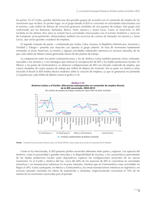 La Inversión Extranjera Directa en América Latina y el Caribe • 2012
49
los países. En el Caribe, pueden identificarse dos grandes grupos de acuerdo con el contenido de empleo de las
inversiones que reciben. En primer lugar, en el grupo donde la IED se concentra en actividades relacionadas con
el turismo, cada millón de dólares de inversión generaría alrededor de seis puestos de trabajo. Este grupo está
conformado por las Bahamas, Barbados, Belice, Haití, Jamaica y Santa Lucía. Como se mencionó, la IED
recibida en los últimos diez años se orientó hacia actividades relacionadas con el turismo (hotelería y servicios
de transporte, principalmente), destacándose también los servicios de centros de llamadas (en Jamaica y Santa
Lucía), que serían grandes creadores de empleos.
El segundo conjunto de países —conformado por Aruba, Cuba, Guyana, la República Dominicana, Suriname y
Trinidad y Tabago— presenta una situación casi opuesta al grupo anterior. Se trata de inversiones fuertemente
orientadas al sector financiero, la minería y algunas actividades industriales intensivas en recursos naturales, de las
que cada millón de dólares estaría generando menos de dos puestos de trabajo.
La comparación entre los países centroamericanos y los de América Latina también presenta claros contrastes,
asociados a los sectores y a las estrategias que motivan la incorporación de IED a los tejidos productivos locales. En
México y los países de Centroamérica, se observan configuraciones de IED con elevado contenido de empleo, que
crearía alrededor de cuatro puestos de trabajo por millón de dólares de inversión. Por su parte, en América Latina
(incluido el Brasil) la IED tendría efectos modestos sobre la creación de empleos, ya que se generarían en promedio
2,5 puestos por cada millón de dólares (véase el gráfico I.14).
Gráfico I.14
América Latina y el Caribe: diferencias subregionales en contenido de empleo directo
de la IED anunciada, 2003-2012
(En número de puestos de trabajo creados por cada millón de dólar invertido)
Fuente: Comisión Económica para América Latina y el Caribe (CEPAL), sobre la base de anuncios de inversiones de fDi Markets.
Como se ha mencionado, la IED presenta perfiles sectoriales diferentes entre países y regiones. Los aspectos del
territorio, como la proximidad a grandes mercados y la disponibilidad de recursos, y las características preexistentes
de los tejidos productivos locales (path dependence) explican las configuraciones sectoriales de las nuevas
inversiones. En el Caribe y América del Sur, cerca del 60% de los anuncios de IED se concentran en actividades
extractivas y en manufacturas intensivas en recursos naturales, mientras que en Centroamérica estas actividades no
llegan al 30%. Como contraparte, en México y Centroamérica, las ramas manufactureras intensivas en ingeniería y en
recursos naturales (incluidos los rubros de automóviles y alimentos, respectivamente) concentran el 54% de los
montos de las inversiones anunciadas para el período.
0
1
2
3
4
5
6
7
8
9
10
Bahamas
Barbados
Belice
Haití
Jamaica
SantaLucía
Aruba
Cuba
Rep.Dominicana
Guyana
Suriname
TrinidadyTabago
México
CostaRica
ElSalvador
Guatemala
Honduras
Nicaragua
Panamá
Brasil
Argentina
Bolivia
(Est.Plur.de)
Chile
Colombia
Ecuador
Paraguay
Perú
Uruguay
Venezuela
(Rep.Bol.de)
Puestos creados/millón de dólares invertidos
3 puestos
1,9 puestos
6,4 puestos
2,5 puestos
4,4 puestos
El Caribe (grupo 1) El Caribe (grupo 2) México y Centroamérica América del Sur
 