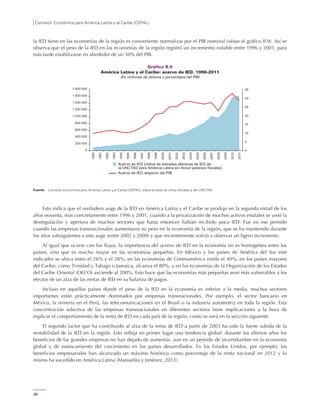 Comisión Económica para América Latina y el Caribe (CEPAL)
68
la IED tiene en las economías de la región es conveniente normalizar por el PIB nominal (véase el gráfico II.9). Así se
observa que el peso de la IED en las economías de la región registró un incremento notable entre 1996 y 2001, para
más tarde estabilizarse en alrededor de un 30% del PIB.
Gráfico II.9
América Latina y el Caribe: acervo de IED, 1990-2011
(En millones de dólares y porcentajes del PIB)
Fuente: Comisión Económica para América Latina y el Caribe (CEPAL), sobre la base de cifras oficiales y del UNCTAD.
Esto indica que el verdadero auge de la IED en América Latina y el Caribe se produjo en la segunda mitad de los
años noventa, más concretamente entre 1996 y 2001, cuando a la privatización de muchos activos estatales se unió la
desregulación y apertura de muchos sectores que hasta entonces habían recibido poca IED. Fue en ese período
cuando las empresas transnacionales aumentaron su peso en la economía de la región, que se ha mantenido durante
los años subsiguientes a este auge (entre 2002 y 2009) y que recientemente volvió a observar un ligero incremento.
Al igual que ocurre con los flujos, la importancia del acervo de IED en la economía no es homogénea entre los
países, sino que es mucho mayor en las economías pequeñas. En México y los países de América del Sur este
indicador se ubica entre el 26% y el 28%; en las economías de Centroamérica ronda el 40%; en los países mayores
del Caribe, como Trinidad y Tabago o Jamaica, alcanza el 80%, y en las economías de la Organización de los Estados
del Caribe Oriental (OECO) asciende al 200%. Esto hace que las economías más pequeñas sean más vulnerables a los
efectos de un alza de las rentas de IED en su balanza de pagos.
Incluso en aquellos países donde el peso de la IED en la economía es inferior a la media, muchos sectores
importantes están prácticamente dominados por empresas transnacionales. Por ejemplo, el sector bancario en
México, la minería en el Perú, las telecomunicaciones en el Brasil o la industria automotriz en toda la región. Esta
concentración selectiva de las empresas transnacionales en diferentes sectores tiene implicaciones a la hora de
explicar el comportamiento de la renta de IED en cada país de la región, como se verá en la sección siguiente.
El segundo factor que ha contribuido al alza de la renta de IED a partir de 2003 ha sido la fuerte subida de la
rentabilidad de la IED en la región. Esto refleja en primer lugar una tendencia global: durante los últimos años los
beneficios de las grandes empresas no han dejado de aumentar, aun en un período de incertidumbre en la economía
global y de estancamiento del crecimiento en los países desarrollados. En los Estados Unidos, por ejemplo, los
beneficios empresariales han alcanzado un máximo histórico como porcentaje de la renta nacional en 2012 y lo
mismo ha sucedido en América Latina (Manuelito y Jiménez, 2013).
0
200 000
400 000
600 000
800 000
1 000 000
1 200 000
1 400 000
1 600 000
1 800 000
1990
1991
1992
1993
1994
1995
1996
1997
1998
1999
2000
2001
2002
2003
2004
2005
2006
2007
2008
2009
2010
2011
Acervo de IED (índice de entradas efectivas de IED de
la UNCTAD para América Latina sin incluir paraísos fiscales)
Acervo de IED respecto del PIB
0
5
10
15
20
25
30
35
 