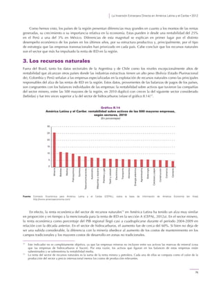 La Inversión Extranjera Directa en América Latina y el Caribe • 2012
75
Como hemos visto, los países de la región presentan diferencias muy grandes en cuanto a los montos de las rentas
generadas, su crecimiento o su importancia relativa en la economía. Estas pueden ir desde una rentabilidad del 25%
en el Perú a una del 3% en México. Diferencias de esta magnitud se explican en primer lugar por el distinto
desempeño económico de los países en los últimos años, por su estructura productiva y, principalmente, por el tipo
de estrategia que las empresas transnacionales han priorizado en cada país. Cabe concluir que los recursos naturales
son el sector que más ha impulsado la renta de IED en la región.
3. Los recursos naturales
Fuera del Brasil, tanto los datos sectoriales de la Argentina y de Chile como los niveles excepcionalmente altos de
rentabilidad que alcanzan otros países donde las industrias extractivas tienen un alto peso (Bolivia (Estado Plurinacional
de), Colombia y Perú) señalan a las empresas especializadas en la explotación de recursos naturales como las principales
responsables del alza de las rentas de IED en la región. Estos datos, provenientes de las balanzas de pagos de los países,
son congruentes con los balances individuales de las empresas: la rentabilidad sobre activos que tuvieron las compañías
del sector minero, entre las 500 mayores de la región, en 2010 duplicó con creces la del siguiente sector considerado
(bebidas) y fue tres veces superior a la del sector de hidrocarburos (véase el gráfico II.14)12
.
Gráfico II.14
América Latina y el Caribe: rentabilidad sobre activos de las 500 mayores empresas,
según sectores, 2010
(En porcentajes)
Fuente: Comisión Económica para América Latina y el Caribe (CEPAL), sobre la base de información de América Economía [en línea]
http://www.americaeconomia.com/.
En efecto, la renta económica del sector de recursos naturales13
en América Latina ha tenido un alza muy similar
en proporción y en tiempo a la mencionada para la renta de IED en la sección A (CEPAL, 2012a). En el sector minero,
la renta económica como porcentaje del PIB regional llegó casi a cuadruplicarse durante el período 2004-2009 en
relación con la década anterior. En el sector de hidrocarburos, el aumento fue de cerca del 60%. Si bien no deja de
ser una subida considerable, la diferencia con la minería obedece al aumento de los costos de mantenimiento en los
campos tradicionales y los mayores costos de desarrollo en zonas no tradicionales.
12
Este indicador no es completamente objetivo, ya que las empresas mineras no incluyen entre sus activos las reservas de mineral (cosa
que las empresas de hidrocarburos sí hacen). Por esta razón, los activos que figuran en los balances de estas empresas están
subestimados y se sobreestima la rentabilidad media.
13
La renta del sector de recursos naturales es la suma de la renta minera y petrolera. Cada una de ellas se computa como el valor de la
producción del sector a precio internacional menos los costos de producción relevantes.
0
5
10
15
20
25
30
Minería
Bebidas
Medios
Petroquímica
Química
Telecomunicaciones
Automotriz
Máquinasyequipos
Petróleoygas
Textilycalzado
Electrónica
Transporte
Alimentos
Energíaeléctrica
Agroindustria
Siderurgia
Celulosaypapel
Construcción
Comercio
Cemento
 