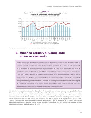 La Inversión Extranjera Directa en América Latina y el Caribe • 2012
77
Gráfico II.16
Estados Unidos: renta de IED de las empresas mineras y petroleras
y precios de los productos básicos, 2007-2012
(En millones de dólares e índice trimestral 2005=100)
Fuente: Comisión Económica para América Latina y el Caribe (CEPAL), sobre la base de cifras oficiales.
E. América Latina y el Caribe ante
el nuevo escenario
No solo las empresas transnacionales dedicadas a la extracción de recursos naturales han gozado beneficios
históricamente elevados en América Latina en los últimos años. También las proveedoras de servicios o las empresas
manufactureras han sabido aprovechar la trayectoria económica en general positiva que han atravesado las
economías en desarrollo durante la última década. En efecto, la brecha de crecimiento entre los países desarrollados y
en desarrollo, que antes de 2003 era de apenas un 0,1% del PIB, se disparó al 4% a partir de esa fecha (CEPAL,
2012b). La disparidad es especialmente notable entre América Latina, que ha mantenido en los últimos años un alto
crecimiento económico, y la Unión Europea, que es la principal fuente de IED hacia la región y que mantiene tasas de
crecimiento muy reducido desde la crisis de 2009.
No hay duda de que el sector de recursos naturales es el principal causante del alza de la renta de IED en
la región, pero está lejos de ser el único. Prueba de ello es que el alza de las rentas ha sido generalizada
en las economías en desarrollo, incluso en aquellas donde la IED en el sector primario fue muy escasa. El
ejemplo más claro en el mundo es el de China, que registró un ascenso superior incluso al de América
Latina y el Caribe, y donde la IED se ha concentrado en el sector manufacturero. En América Latina se
puede citar el caso del Brasil, que presenta también un aumento notable de la renta de IED, concentrado
principalmente en algunas manufacturas y servicios. Incluso en países como Chile, donde la mayor parte
de la renta está concentrada en la minería, existen otros sectores como la electricidad o la banca que
mostraron en los últimos años tasas de rentabilidad muy superiores a la media.
0
2 000
4 000
6 000
8 000
10 000
12 000
14 000
2007
Trim1
Trim2
Trim3
Trim4
Trim1
Trim2
Trim3
Trim4
Trim1
Trim2
Trim3
Trim4
Trim1
Trim2
Trim3
Trim4
Trim1
Trim2
Trim3
Trim4
Trim4
Trim1
Trim2
Trim3
2008 2009 2010 2011 2012
Renta de IED en el sector de recursos naturales
Índice de precios de productos básicos (2005=100)
 