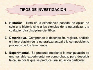  Investigación Explicativa.- Requiere la combinación de los métodos analítico y sintético conjuntamente con el deductivo e inductivo, para responder el por qué del objeto que se investiga.CARACTERÍSTICASLa investigación recoge conocimientos de fuentes primarias, los sistematiza para el logro de nuevos conocimientos. Sus características son:  Estar planificada.
