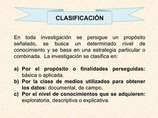 CLASIFICACIÓNEn toda investigación se persigue un propósito señalado, se busca un determinado nivel de conocimiento y se basa en una estrategia particular o combinada.  La investigación se clasifica en:Por el propósito o finalidades perseguidas: básica o aplicada.Por la clase de medios utilizados para obtener los datos: documental, de campo.Por el nivel de conocimientos que se adquieren: exploratoria, descriptiva o explicativa.
