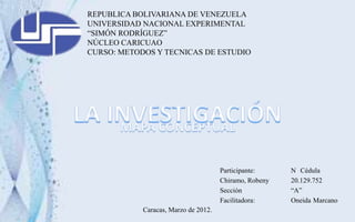 REPUBLICA BOLIVARIANA DE VENEZUELA
UNIVERSIDAD NACIONAL EXPERIMENTAL
“SIMÓN RODRÍGUEZ”
NÚCLEO CARICUAO
CURSO: METODOS Y TECNICAS DE ESTUDIO




                                      Participante:     N Cédula
                                      Chiramo, Robeny   20.129.752
                                      Sección           “A”
                                      Facilitadora:     Oneida Marcano
            Caracas, Marzo de 2012.
 