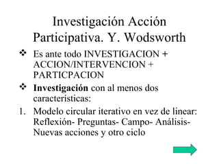 Investigación Acción
Participativa. Y. Wodsworth
 Es ante todo INVESTIGACION +
ACCION/INTERVENCION +
PARTICPACION
 Investigación con al menos dos
características:
1. Modelo circular iterativo en vez de linear:
Reflexión- Preguntas- Campo- Análisis-
Nuevas acciones y otro ciclo
 