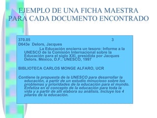 EJEMPLO DE UNA FICHA MAESTRA PARA CADA DOCUMENTO ENCONTRADO 370.05  3 D643e  Delors, Jacques   La Educación encierra un tesoro: Informe a la UNESCO de la Comisión Internacional sobre la Educación para el siglo XXI, presidida por Jacques Delors. México, D.F.: UNESCO, 1997 BIBLIOTECA CARLOS MONGE ALFARO, UCR Contiene la propuesta de la UNESCO para desarrollar la educación, a partir de un estudio minucioso sobre los problemas y prioridades de la educación para el mundo .  Enfatiza en el concepto de la educación para toda la vida y a partir de allí elabora su análisis. Incluye los 4 pilares de la educación.  