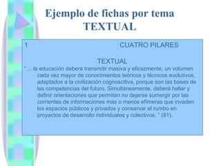 Ejemplo de fichas por tema TEXTUAL CUATRO PILARES TEXTUAL “…  la educación deberá transmitir masiva y eficazmente, un volumen cada vez mayor de conocimientos teóricos y técnicos evolutivos, adaptados a la civilización cognoscitiva, porque son las bases de las competencias del futuro. Simultáneamente, deberá hallar y definir orientaciones que permitan no dejarse sumergir por las corrientes de informaciones más o menos efímeras que invaden los espacios públicos y privados y conservar el rumbo en proyectos de desarrollo individuales y colectivos. ” (91). 