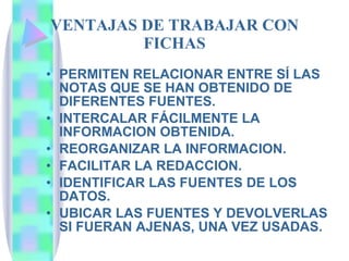 VENTAJAS DE TRABAJAR CON FICHAS PERMITEN RELACIONAR ENTRE SÍ LAS NOTAS QUE SE HAN OBTENIDO DE DIFERENTES FUENTES. INTERCALAR FÁCILMENTE LA INFORMACION OBTENIDA. REORGANIZAR LA INFORMACION. FACILITAR LA REDACCION. IDENTIFICAR LAS FUENTES DE LOS DATOS. UBICAR LAS FUENTES Y DEVOLVERLAS SI FUERAN AJENAS, UNA VEZ USADAS. 