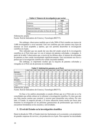 10 
Tabla 4: Número de investigadores por sector 
2004 
Gobierno 13.9% 688 
Empresas 45.8% 2,276 
Educación Superior 40.2% 1,996 
Organizaciones privadas sin fines de lucro 0.1% 5 
Total 100% 4,965 
Elaboración: propia. 
Fuente: Red de Indicadores de Ciencia y Tecnología (RICYT). 
Sin embargo, observamos también que al año 2004 el Perú contaba con menos de 
5.000 investigadores a nivel nacional. Esto nos confirma que aún estamos muy lejos de 
alcanzar un nivel aceptable y óptimo, que nos permita desarrollar la investigación 
científica en el país. 
Otro indicador que nos puede dar una idea del estado actual de la investigación 
científica en el Perú tiene que ver con el número de patentes solicitadas y otorgadas. A 
partir de la tabla 5 observamos que, a través de los últimos años, el número de solicitudes 
de patentes se han venido incrementado significativamente. Este crecimiento nos lleva a 
pensar que la investigación científica ha venido creciendo también. 
Sin embargo, es importante resaltar que la mayoría de patentes solicitadas y 
otorgadas en el Perú son de personas no residentes. 
Tabla 5: Solicitud de patentes en el Perú 
1990 1991 1992 1993 1994 1995 1996 1997 1998 1999 2000 2001 2002 2003 2004 
Solicitudes 
de residentes 46 31 19 30 28 23 53 50 38 49 40 36 31 32 38 
de no residentes 222 215 258 260 368 524 570 765 950 950 1,045 944 824 876 786 
Total 268 246 277 290 396 547 623 815 988 999 1,085 980 855 908 824 
Otorgadas 
a residentes 14 17 24 10 15 9 7 7 6 5 9 14 22 16 13 
a no residentes 161 180 237 104 221 267 174 173 132 266 299 523 528 530 492 
Total 175 197 261 114 236 276 181 180 138 271 308 537 550 546 505 
Elaboración: propia. 
Fuente: Red de Indicadores de Ciencia y Tecnología (RICYT). 
En base a los análisis presentados se puede afirmar que en el Perú aún no se ha 
consolidado una sólida cultura en lo referente a investigación científica. Es claro que aún 
nos falta mucho camino que construir y recorrer para desarrollar esta cultura. Por otro 
lado, el Estado, la empresa privada y el sector educación tienen mucho por hacer para 
fomentar la investigación en las próximas generaciones de profesionales que recién se 
encuentran formándose en las escuelas y universidades. 
3. El rol del Estado en la investigación científica 
Hasta la década de 1980, el Estado intervino fuertemente en la economía y era propietario 
de grandes empresas de servicio y de producción en el país. Para soportar las necesidades 
 