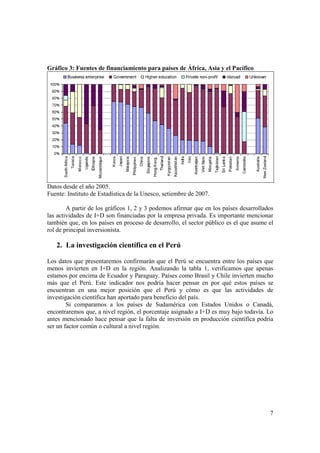 7 
Gráfico 3: Fuentes de financiamiento para países de África, Asia y el Pacífico 
Datos desde el año 2005. 
Fuente: Instituto de Estadística de la Unesco, setiembre de 2007. 
A partir de los gráficos 1, 2 y 3 podemos afirmar que en los países desarrollados 
las actividades de I+D son financiadas por la empresa privada. Es importante mencionar 
también que, en los países en proceso de desarrollo, el sector público es el que asume el 
rol de principal inversionista. 
2. La investigación científica en el Perú 
Los datos que presentaremos confirmarán que el Perú se encuentra entre los países que 
menos invierten en I+D en la región. Analizando la tabla 1, verificamos que apenas 
estamos por encima de Ecuador y Paraguay. Países como Brasil y Chile invierten mucho 
más que el Perú. Este indicador nos podría hacer pensar en por qué estos países se 
encuentran en una mejor posición que el Perú y cómo es que las actividades de 
investigación científica han aportado para beneficio del país. 
Si comparamos a los países de Sudamérica con Estados Unidos o Canadá, 
encontraremos que, a nivel región, el porcentaje asignado a I+D es muy bajo todavía. Lo 
antes mencionado hace pensar que la falta de inversión en producción científica podría 
ser un factor común o cultural a nivel región. 
 