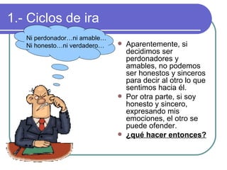 1.- Ciclos de ira Aparentemente, si decidimos ser perdonadores y amables, no podemos ser honestos y sinceros para decir al otro lo que sentimos hacia él. Por otra parte, si soy honesto y sincero, expresando mis emociones, el otro se puede ofender.  ¿qué hacer entonces? Ni perdonador…ni amable… Ni honesto…ni verdadero… 