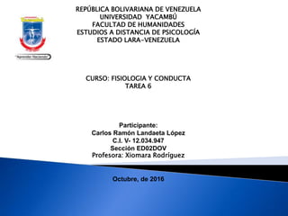 REPÚBLICA BOLIVARIANA DE VENEZUELA
UNIVERSIDAD YACAMBÚ
FACULTAD DE HUMANIDADES
ESTUDIOS A DISTANCIA DE PSICOLOGÍA
ESTADO LARA-VENEZUELA
CURSO: FISIOLOGIA Y CONDUCTA
TAREA 6
Participante:
Carlos Ramón Landaeta López
C.I. V- 12.034.947
Sección ED02DOV
Profesora: Xiomara Rodríguez
Octubre, de 2016
 