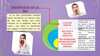LA IRA NOS
ENERGIZA
NOS AYUDA A
RESOLVER
CONFLICTOS
NOS PROPORCIONA
INFORMACIÓN SOBRE
SITUACIONES Y
PERSONAS
•Nos provee de fuerza para
acometer tareas que nos
resultan difíciles.
•Nos ayuda a defender
nuestros derechos y
puntos de vista ante los
demás.
•Expresar la ira de
forma adecuada hace
que nuestros
sentimientos
negativos se
desvanezcan.
•La ira como señal de
alarma nos informa de
situaciones injustas,
amenzantes y frustrantes,
y por tanto nos ayuda a
buscar planes alternativos
de acción para gestionar
estas situaciones.
La ira bien gestionada también
aporta beneficios en nuestra vida.
No hay que olvidar que como
emoción no la podemos dejar de
sentir y por tanto es importante
que juegue a nuestro favor en vez
de a nuestra contra.
 