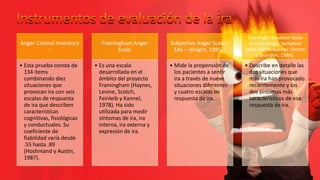 Anger Control Inventory
:
• Esta prueba consta de
134 items
combinando diez
situaciones que
provocan ira con seis
escalas de respuesta
de ira que describen
características
cognitivas, fisiológicas
y conductuales. Su
coeficiente de
fiabilidad varía desde
.55 hasta .89
(Hoshmand y Austin,
1987).
Framingham Anger
Scale.
• Es una escala
desarrollada en el
ámbito del proyecto
Framingham (Haynes,
Levine, Scotch,
Feinleib y Kannel,
1978). Ha sido
utilizada para medir
síntomas de ira, ira
interna, ira externa y
expresión de ira.
Subjective Anger Scale –
SAS – (Knight, 1985) :
• Mide la propensión de
los pacientes a sentir
ira a través de nueve
situaciones diferentes
y cuatro escalas de
respuesta de ira.
The Anger Situation Scale
and the Anger Symptom
Scale (Deffenbacher, Demm
y Brandon, 1986).
• Describe en detalle las
dos situaciones que
más ira han provocado
recientemente y los
dos síntomas más
característicos de esa
respuesta de ira.
 