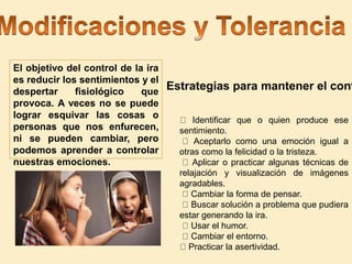 El objetivo del control de la ira
es reducir los sentimientos y el
despertar fisiológico que
provoca. A veces no se puede
lograr esquivar las cosas o
personas que nos enfurecen,
ni se pueden cambiar, pero
podemos aprender a controlar
nuestras emociones.
Identificar que o quien produce ese
sentimiento.
Aceptarlo como una emoción igual a
otras como la felicidad o la tristeza.
Aplicar o practicar algunas técnicas de
relajación y visualización de imágenes
agradables.
Cambiar la forma de pensar.
Buscar solución a problema que pudiera
estar generando la ira.
Usar el humor.
Cambiar el entorno.
Practicar la asertividad.
Estrategias para mantener el cont
 