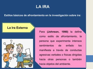 LA IRA
La Ira Externa
Para (Johnson, 1990) la define
como estilo de afrontamiento, la
persona que experimenta intensos
sentimientos de enfado los
manifiesta a través de conductas
agresivas verbales o físicas dirigidas
hacia otras personas o también
hacia objetos del ambiente.
Estilos básicos de afrontamiento en la investigación sobre ira:
 