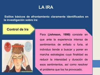 Estilos básicos de afrontamiento claramente identificados en
la investigación sobre ira:
LA IRA
Control de Ira
Para (Johnson, 1990) consiste en
que ante la experiencia intensa de
sentimientos de enfado o furia, el
individuo tiende a buscar y poner en
marcha estrategias cuya finalidad es
reducir la intensidad y duración de
esos sentimientos, así como resolver
el problema que los ha provocado.
 