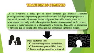 La ira deteriora la salud por el estrés extremo que impulsa. Trastorna
psicológicamente a la persona y produce alteraciones fisiológicas que perjudica el
sistema circulatorio, elevando a límites peligrosos la tensión arterial, tensa la
Musculatura corporal y acelera la respiración. Produce trastornos del sueño como el
Insomnio y perturbaciones en la alimentación y digestión. Todo ello sin mencionar
el perjuicio que les infiere a los demás con sus acometidas verbales o físicas.
Otros trastornos son:
 Trastorno explosivo intermitente.
 Trastorno de personalidad límite.
 Trastorno de personalidad antisocial.
 