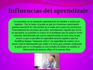 Las personas en un momento emocional de ira tienden a actuar por
impulso; Por lo tanto, el grado en que los trastornos emocionales
puedan interferir la vida mental no es nada nuevo para los profesores.
Generalmente las personas que están mentalmente cegadas por la ira,
no aprenden, su atención se centra en el problema que les genera cierta
emoción, interfiriendo así, con la concentración en otra cosa, lo que
ocurre es que se paraliza la capacidad mental cognitiva que los
científicos llaman “memoria activa”, la capacidad de retener en la
mente toda la información que atañe a la tarea que estamos realizando
la gente que se ve atrapada en esos estados de ánimo no asimila la
información de manera eficaz ni la maneja bien.
 