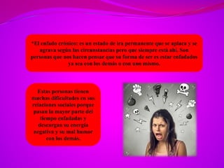 *El enfado crónico: es un estado de ira permanente que se aplaca y se
agrava según las circunstancias pero que siempre está ahí. Son
personas que nos hacen pensar que su forma de ser es estar enfadados
ya sea con los demás o con uno mismo.
Estas personas tienen
muchas dificultades en sus
relaciones sociales porque
pasan la mayor parte del
tiempo enfadadas y
descargan su energía
negativa y su mal humor
con los demás.
 
