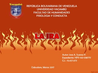 REPÚBLICA BOLIVARIANA DE VENEZUELA
UNIVERSIDAD YACAMBÚ
FACULTAD DE HUMANIDADES
FISIOLOGIA Y CONDUCTA
Autor: Jose A. Suarez P.
Expediente: HPS-143-01877V
C.I. : 15.427.673
Cabudare, Marzo 2017
 