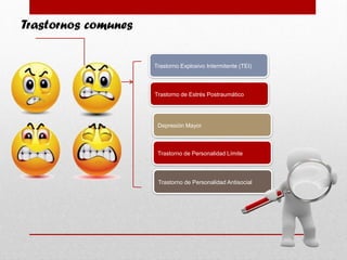 Trastornos comunes
Trastorno Explosivo Intermitente (TEI)
Trastorno de Estrés Postraumático
Depresión Mayor
Trastorno de Personalidad Límite
Trastorno de Personalidad Antisocial
 
