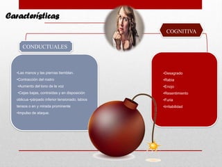 Características
•Las manos y las piernas tiemblan.
•Contracción del rostro
•Aumento del tono de la voz
•Cejas bajas, contraídas y en disposición
oblicua •párpado inferior tensionado; labios
tensos o en y mirada prominente
•Impulso de ataque.
•Desagrado
•Rabia
•Enojo
•Resentimiento
•Furia
•Irritabilidad
COGNITIVA
CONDUCTUALES
 