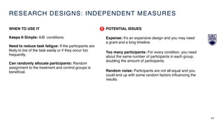 RESEARCH DESIGNS: INDEPENDENT MEASURES
14
WHEN TO USE IT
Keeps It Simple: A/B conditions.
Need to reduce task fatigue: If the participants are
likely to tire of the task easily or if they occur too
frequently.
Can randomly allocate participants: Random
assignment to the treatment and control groups is
beneﬁcial.
POTENTIAL ISSUES
Expense: It's an expensive design and you may need
a grant and a long timeline.
Too many participants: For every condition, you need
about the same number of participants in each group,
doubling the amount of participants.
Random noise: Participants are not all equal and you
could end up with some random factors inﬂuencing the
results.
!
 