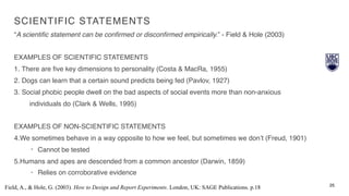 SCIENTIFIC STATEMENTS
“A scientiﬁc statement can be conﬁrmed or disconﬁrmed empirically.” - Field & Hole (2003)
EXAMPLES OF SCIENTIFIC STATEMENTS
1. There are ﬁve key dimensions to personality (Costa & MacRa, 1955)
2. Dogs can learn that a certain sound predicts being fed (Pavlov, 1927)
3. Social phobic people dwell on the bad aspects of social events more than non-anxious
individuals do (Clark & Wells, 1995)
EXAMPLES OF NON-SCIENTIFIC STATEMENTS
4.We sometimes behave in a way opposite to how we feel, but sometimes we don’t (Freud, 1901)
• Cannot be tested
5.Humans and apes are descended from a common ancestor (Darwin, 1859)
• Relies on corroborative evidence
25
Field, A., & Hole, G. (2003). How to Design and Report Experiments. London, UK: SAGE Publications. p.18
 