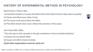 HISTORY OF EXPERIMENTAL METHOD IN PSYCHOLOGY
David Hume (1730s & 40s).
“conventional wisdom on cause and effect stems from David Hume’s ideas about causality.”
(1) Cause and effect occur close in time.
(2) The cause must occur before the effect.
(3) The effect should never occur without the presence of the cause.
John Stuart Mill (1865)
“The only way to infer causality is through comparison of two controlled situations.”
(1) Cause has to precede effect.
(2) Cause and effect should correlate.
(3) All other explanations must be ruled out.*
4
Field, A., & Hole, G. (2003). How to Design and Report Experiments. London, UK: SAGE Publications. p10-13.
 