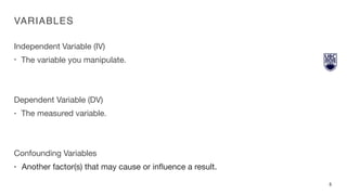 VARIABLES
Independent Variable (IV)

• The variable you manipulate.

Dependent Variable (DV)

• The measured variable.

Confounding Variables

• Another factor(s) that may cause or inﬂuence a result. 

5
 
