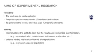 AIMS OF EXPERIMENTAL RESEARCH
Reliability
• The study can be easily replicated
• Requires a precise measurement of the dependent variable.
• To generalize the results, it needs a large number of participants.
Validity
• Internal validity: the ability to claim that the results aren’t inﬂuenced by other factors.
• (e.g., no randomization, measurement instruments, maturation, etc…)
• External validity: representative of the entire population.
• (e.g., overuse of a special population)
6
 