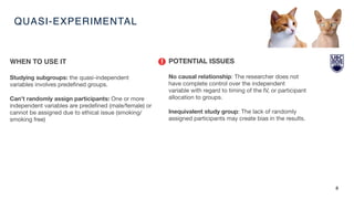 QUASI-EXPERIMENTAL
8
WHEN TO USE IT
Studying subgroups: the quasi-independent
variables involves predeﬁned groups.

Can't randomly assign participants: One or more
independent variables are predeﬁned (male/female) or
cannot be assigned due to ethical issue (smoking/
smoking free)

POTENTIAL ISSUES
No causal relationship: The researcher does not
have complete control over the independent
variable with regard to timing of the IV, or participant
allocation to groups.

Inequivalent study group: The lack of randomly
assigned participants may create bias in the results.

!
 