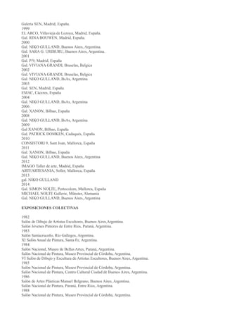 Galería SEN, Madrid, España.
1999
ELARCO, Villavieja de Lozoya, Madrid, España.
Gal. RINA BOUWEN, Madrid, España.
2000
Gal. NIKO GULLAND, Buenos Aires, Argentina.
Gal. SARA G. URIBURU, Buenos Aires, Argentina.
2001
Gal. P/9, Madrid, España
Gal. VIVIANA GRANDI, Bruselas, Belgica
2002
Gal. VIVIANA GRANDI, Bruselas, Belgica
Gal. NIKO GULLAND, BsAs, Argentina
2003
Gal. SEN, Madrid, España
EMAC, Cáceres, España
2004
Gal. NIKO GULLAND, BsAs, Argentina
2006
Gal. XANON, Bilbao, España
2008
Gal. NIKO GULLAND, BsAs, Argentina
2009
Gal XANON, Bilbao, España
Gal. PATRICK DOMKEN, Cadaqués, España
2010
CONSISTORI 9, Sant Joan, Mallorca, España
2011
Gal. XANON, Bilbao, España
Gal. NIKO GULLAND, Buenos Aires, Argentina
2012
IMAGO Taller de arte, Madrid, España
ARTEARTESANIA, Soller, Mallorca, España
2013
gal. NIKO GULLAND
2014
Gal. SIMON NOLTE, Portocolom, Mallorca, España
MICHAEL NOLTE Gallerie, Münster, Alemania
Gal. NIKO GULLAND, Buenos Aires, Argentina
EXPOSICIONES COLECTIVAS
1982
Salón de Dibujo de Artistas Escultores, Buenos Aires,Argentina.
Salón Jóvenes Pintores de Entre Ríos, Paraná, Argentina.
1983
Salón Santacruceño, Río Gallegos, Argentina.
XI Salón Anual de Pintura, Santa Fe, Argentina.
1984
Salón Nacional, Museo de Bellas Artes, Paraná, Argentina.
Salón Nacional de Pintura, Museo Provincial de Córdoba, Argentina.
VI Salón de Dibujo y Escultura de Artistas Escultores, Buenos Aires, Argentina.
1985
Salón Nacional de Pintura, Museo Provincial de Córdoba, Argentina.
Salón Nacional de Pintura, Centro Cultural Ciudad de Buenos Aires, Argentina.
1986
Salón de Artes Plásticas Manuel Belgrano, Buenos Aires, Argentina.
Salón Nacional de Pintura, Paraná, Entre Ríos, Argentina.
1988
Salón Nacional de Pintura, Museo Provincial de Córdoba, Argentina.
 