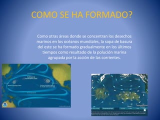 COMO SE HA FORMADO?
Como otras áreas donde se concentran los desechos
marinos en los océanos mundiales, la sopa de basura
del este se ha formado gradualmente en los últimos
tiempos como resultado de la polución marina
agrupada por la acción de las corrientes.

 