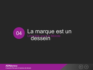 04                 La marque est un
                                    Une idée pour le Monde
                                      dessein



ADNfactory
L’essence d’hier pour le business de demain
 