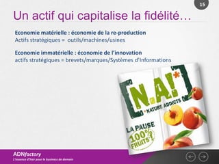 15

Un actif qui capitalise la fidélité…
 Economie matérielle : économie de la re-production
 Actifs stratégiques = outils/machines/usines

 Economie immatérielle : économie de l’innovation
 actifs stratégiques = brevets/marques/Systèmes d’Informations




ADNfactory
L’essence d’hier pour le business de demain
 