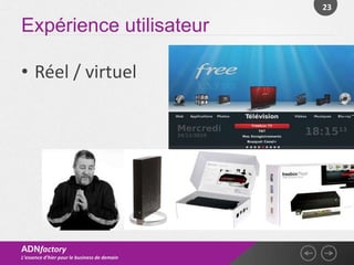 23

Expérience utilisateur

• Réel / virtuel




ADNfactory
L’essence d’hier pour le business de demain
 