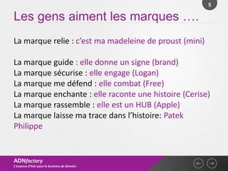 5

Les gens aiment les marques ….
La marque relie : c’est ma madeleine de proust (mini)

La marque guide : elle donne un signe (brand)
La marque sécurise : elle engage (Logan)
La marque me défend : elle combat (Free)
La marque enchante : elle raconte une histoire (Cerise)
La marque rassemble : elle est un HUB (Apple)
La marque laisse ma trace dans l’histoire: Patek
Philippe


ADNfactory
L’essence d’hier pour le business de demain
 