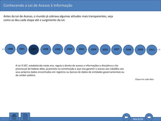 Conhecendo a Lei de Acesso à Informação
Tela 6/16
Antes da Lei de Acesso, o mundo já cobrava algumas atitudes mais transparentes, veja
como se deu cada etapa até o surgimento da Lei.
1988 1991 1997 1998 1999 2000 2002 2004 2005 2007 2008 2009 2011
Clique em cada data.
A Lei 9.507, estabelecida neste ano, regula o direito de acesso a informações e disciplina o rito
processual do habeas data, já previsto na constituição e que visa garantir o acesso aos cidadãos aos
seus próprios dados encontrados em registros ou bancos de dados de entidades governamentais ou
de caráter público.
 