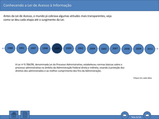 Conhecendo a Lei de Acesso à Informação
Tela 6/16
Antes da Lei de Acesso, o mundo já cobrava algumas atitudes mais transparentes, veja
como se deu cada etapa até o surgimento da Lei.
1988 1991 1997 1998 1999 2000 2002 2004 2005 2007 2008 2009 2011
Clique em cada data.
A Lei no 9.784/99, denominada Lei do Processo Administrativo, estabeleceu normas básicas sobre o
processo administrativo no âmbito da Administração Federal direta e indireta, visando à proteção dos
direitos dos administrados e ao melhor cumprimento dos fins da Administração.
 