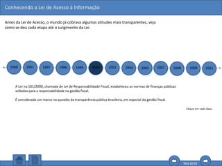 Conhecendo a Lei de Acesso à Informação
Tela 6/16
Antes da Lei de Acesso, o mundo já cobrava algumas atitudes mais transparentes, veja
como se deu cada etapa até o surgimento da Lei.
1988 1991 1997 1998 1999 2000 2002 2004 2005 2007 2008 2009 2011
Clique em cada data.
A Lei no 101/2000, chamada de Lei de Responsabilidade Fiscal, estabeleceu as normas de finanças públicas
voltadas para a responsabilidade na gestão fiscal.
É considerada um marco na questão da transparência pública brasileira, em especial da gestão fiscal.
 