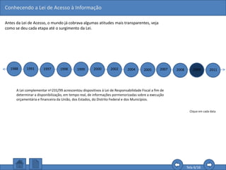 Conhecendo a Lei de Acesso à Informação
Tela 6/16
Antes da Lei de Acesso, o mundo já cobrava algumas atitudes mais transparentes, veja
como se deu cada etapa até o surgimento da Lei.
1988 1991 1997 1998 1999 2000 2002 2004 2005 2007 2008 2009 2011
Clique em cada data.
A Lei complementar no 231/99 acrescentou dispositivos à Lei de Responsabilidade Fiscal a fim de
determinar a disponibilização, em tempo real, de informações pormenorizadas sobre a execução
orçamentária e financeira da União, dos Estados, do Distrito Federal e dos Municípios.
 