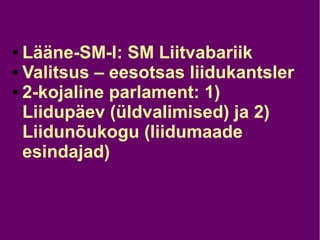 ● Lääne-SM-l: SM Liitvabariik
● Valitsus – eesotsas liidukantsler
● 2-kojaline parlament: 1)
Liidupäev (üldvalimised) ja 2)
Liidunõukogu (liidumaade
esindajad)
 