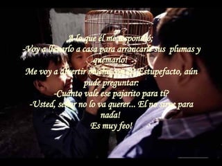 A lo que él me respondió:  -Voy a llevarlo a casa para arrancarle sus  plumas y quemarlo!  Me voy a divertir mucho con el!   Estupefacto, aún pude preguntar: -Cuánto vale ese pajarito para tí? -Usted, señor no lo va querer... El no sirve para nada!  Es muy feo! 