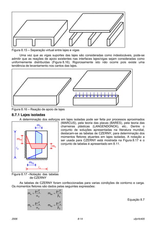 2006 8-14 ufpr/tc405
Figura 8.15 ñ SeparaÁ„o virtual entre lajes e vigas
Uma vez que as vigas suportes das lajes s„o consideradas como indesloc·veis, pode-se
admitir que as reaÁıes de apoio existentes nas interfaces lajes/vigas sejam consideradas como
uniformemente distribuÌdas (Figura 8.16). Rigorosamente isto n„o ocorre pois existe uma
tendÍncia de levantamento nos cantos das lajes.
Figura 8.16 ñ ReaÁ„o de apoio de lajes
8.7.1 Lajes isoladas
A determinaÁ„o dos esforÁos em lajes isoladas pode ser feita por processos aproximados
(MARCUS), pela teoria das placas (BARES), pela teoria das
charneiras pl·sticas (LANGENDONCK), etc.. Dentre o
conjunto de soluÁıes apresentadas na literatura mundial,
destacam-se as tabelas de CZERNY, para determinaÁ„o dos
momentos fletores atuantes em lajes isoladas. A notaÁ„o a
ser usada para CZERNY est· mostrada na Figura 8.17 e o
conjunto de tabelas È apresentado em 8.11.
Figura 8.17 ñNotaÁ„o das tabelas
de CZERNY
As tabelas de CZERNY foram confeccionadas para varias condiÁıes de contorno e carga.
Os momentos fletores s„o dados pelas seguintes expressıes:
y
2
x
by
y
2
x
y
x
2
x
bx
x
2
x
x
p
m
p
m
p
m
p
m
β
=
α
=
β
=
α
=
ll
ll
EquaÁ„o 8.7
lx
mby
ly
mbx
my
mx
 
